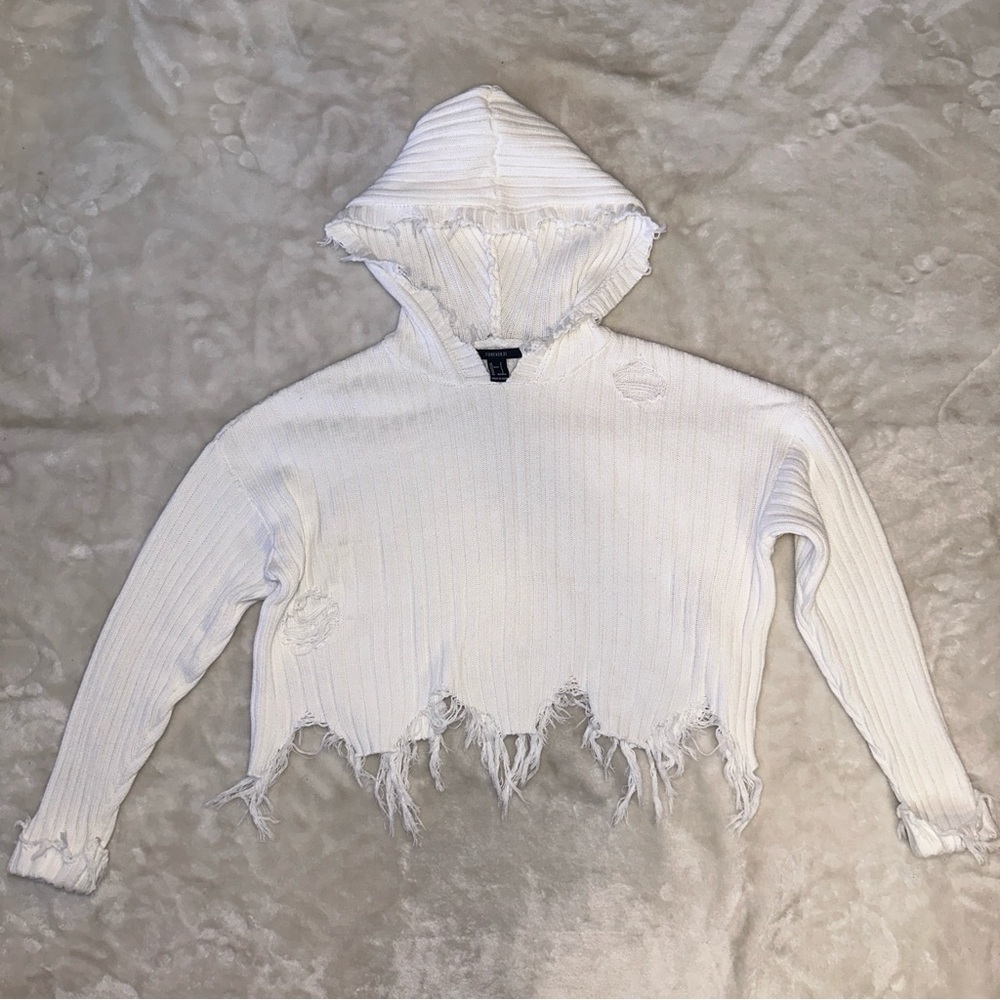 Forever 21 White Distressed Cropped Ribbed Knit Hooded Sweater Size Small